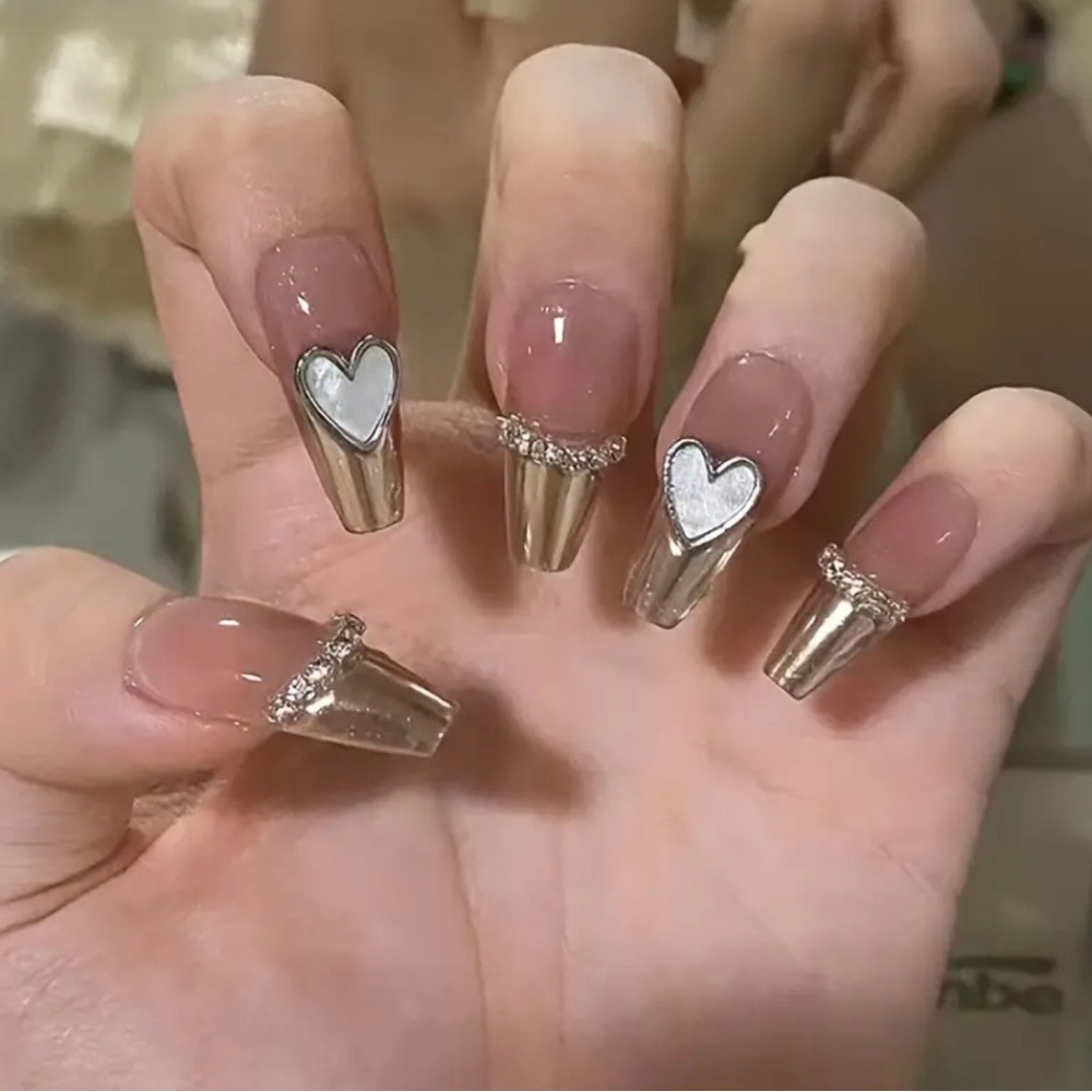 24pcs of ballet-style Golden French love mirror chain pure desire pink nails